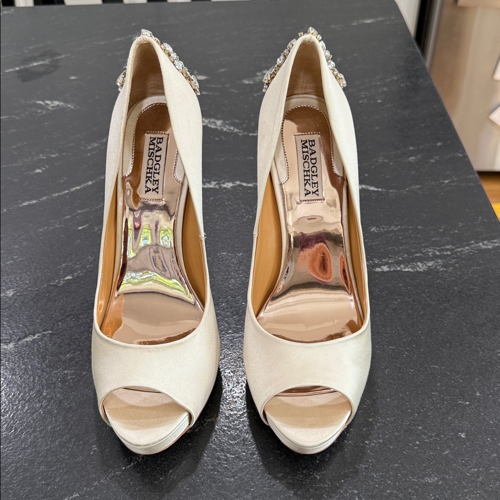 Badgley Mischka Kiara Embellished Cream Peep-Toe Heels